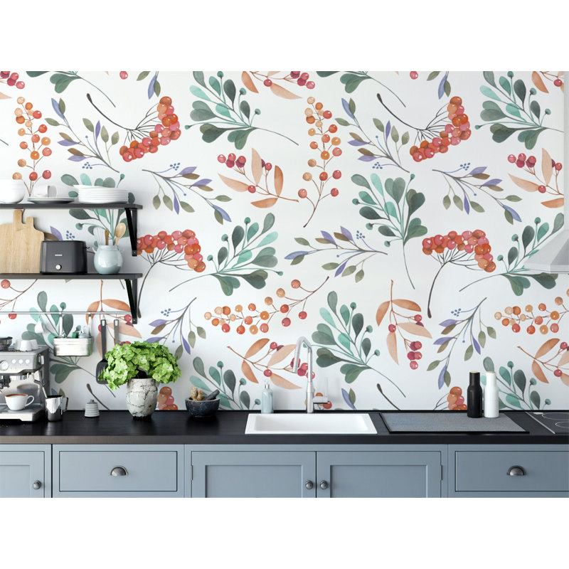 Papier peint amovible floral avec feuilles vertes et brindilles, L 9 po x l 15 po