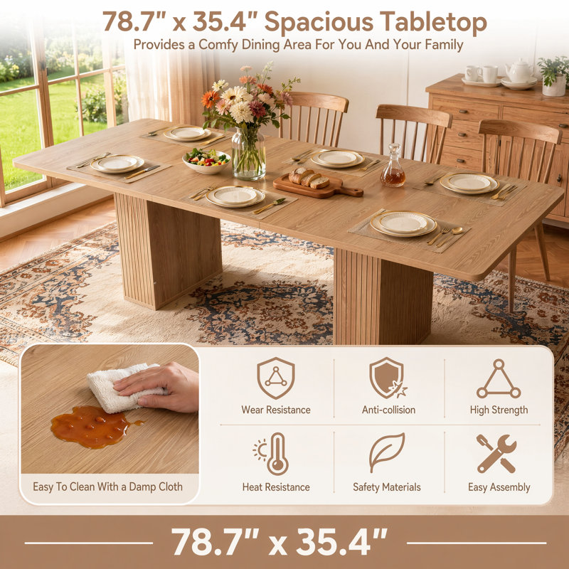 Ensemble table et chaises extensibles de 200 cm pour 8 personnes avec chaises capitonnées en velours, style champêtre, en bois brun, avec base de rangement
