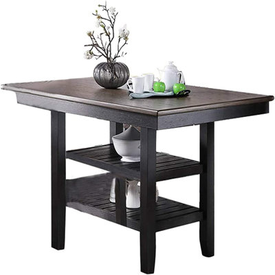 1 table de salle à manger à hauteur de chasseur avec finition café foncé et table de salle à manger avec 2 tablettes de rangement en bois d'hévéa