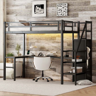 Loft Bed With L-Shaped Desk And USB, Metal Loft Bed With Wardrobe And Adjustable Shelf, High Loft Bed With LED