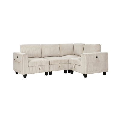 4-Piece Modular Sectional with Storage Seats, Side Pockets, Charging Ports Dark Gray Corduroy Fabric Modern Living Room Sectional Couch Solid Wood Fur