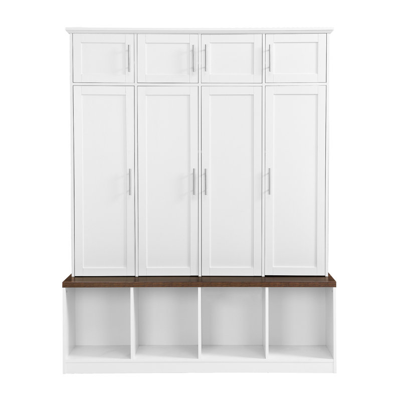 Versatile Hall Tree With 4 Hanging Hooks Wood Grain Bench With Multiple Storage Space, Entryway Cabinet With Open Compartments For Living Room, Hallway