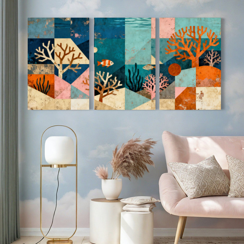 Tableau abstrait sur toile tendue représentant un récif de corail, motif géométrique (lot de 3), H 24 po x l 48 po