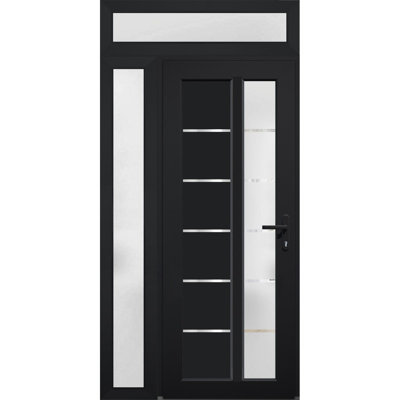 Porte d'entrée extérieure prémontée en PVC-U métallisé, verre dépoli, Manux 8088, noir mat, fenêtres latérales et supérieures. Convient aux bureaux, aux commerces et aux habitations. Parfait pour l'entrée, les patios et les garages. Dimensions : L 30 + 12 po x H 80 + 14 po. Ouverture à gauche vers l'intérieur.