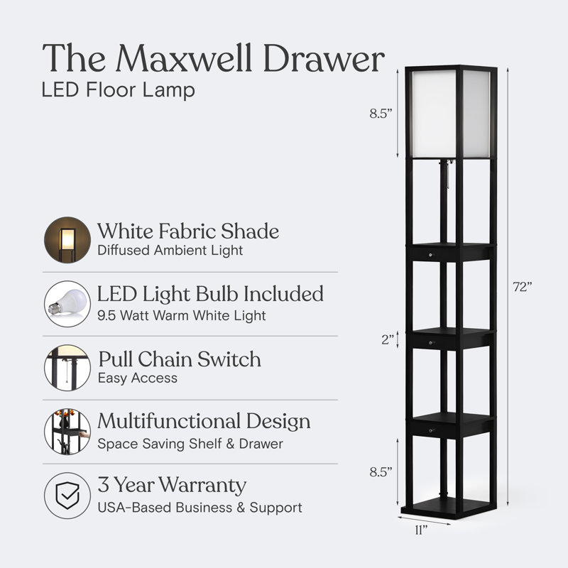 Maxwell 72" Traditional LED Shelf Floor Lamp with Black Finish, 4 Built-In Shelves, 3 Storage Drawers, Bulb Included, Black