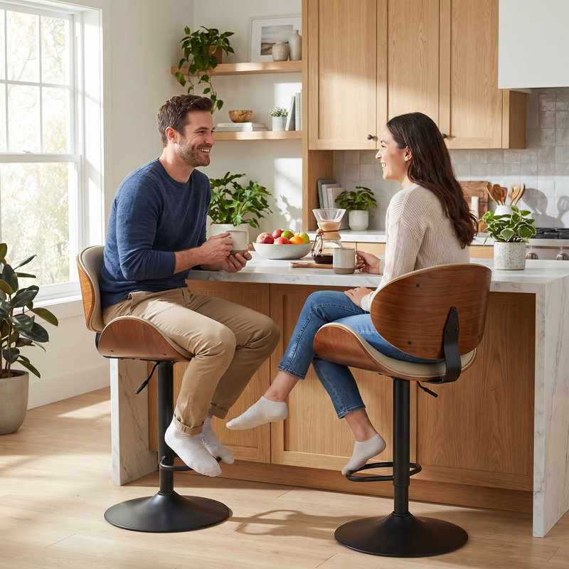 Modern Upholstered Swivel 24”H Barstool, Adjustable Height Counter Stool with Bentwood, Faux Leather Upholstered Bar Stool with Metal Frame