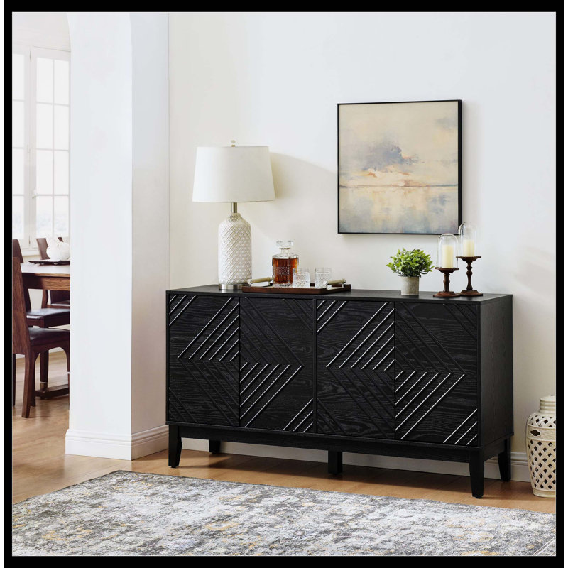 60.5'' Buffet Cabinet With Storage, Farmhouse Fluted Sideboard With Geometric Pattern & Adjustable Shelves, Mid Century Modern TV Stand For Living Room Kitchen Dining Room Entryway