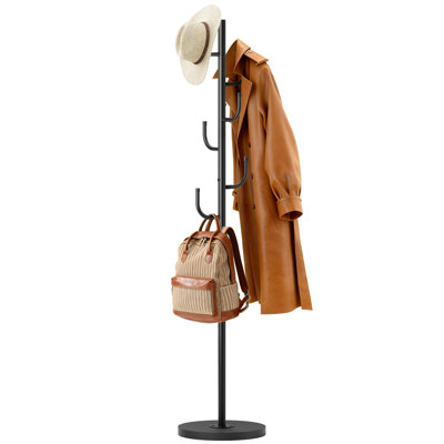 Heavy Duty Coat Rack Freestanding 4 Adjustable Size Coat Tree With Stable Wood Base Coat Hanger Stand With 6 Hooks Standing Clothes Tree For Bedroom, Black