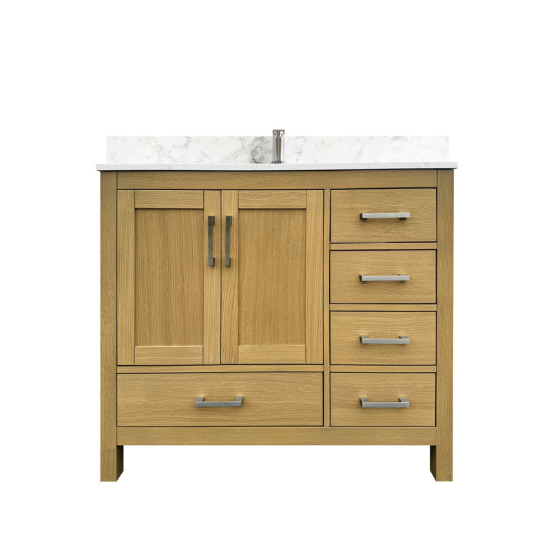 Meuble-lavabo en chêne avec lavabo et trou de robinet 42 po, 2 armoires de rangement à 5 portes, comptoirs, céramique, silencieux, fabrication en contreplaqué de bois massif, 2 portes, 5 tiroirs, lavabo en céramique, tiroirs, peint à l'eau