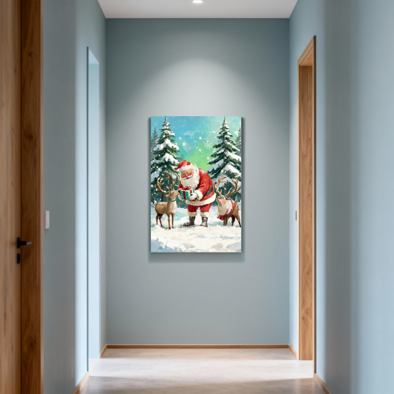 Noël père Noël avec renne dans la forêt enneigée, H 40 po x l 28 po
