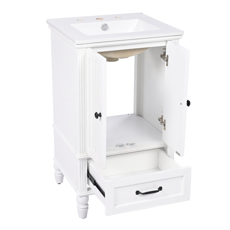 Meuble-lavabo de 20 po avec lavabo, armoire, butoir de porte magnétique et patins réglables, Blanc/Noir