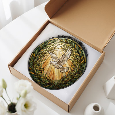 Dove Wreath Stained Glass Window Panel，7.8H