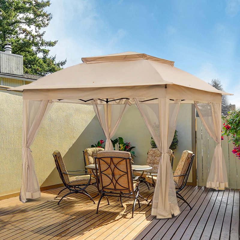 11 Ft. W x 11 Ft. D Pop Up Canopy Patio Gazebo with Mesh Wall, Khaki