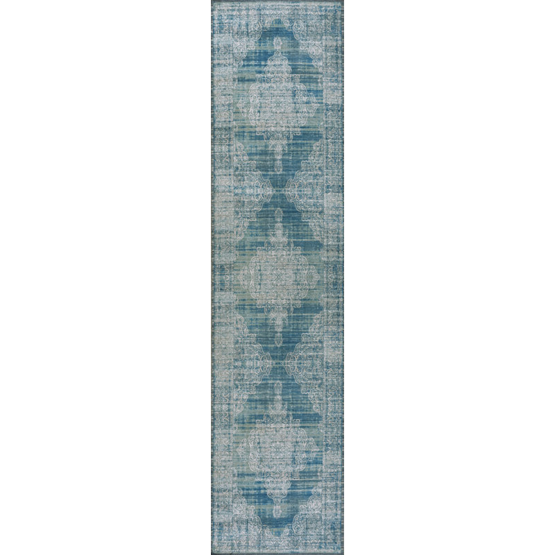 Regis Bohemian Medallion Machine-Washable Teal/Cream Rug, Runner 2' x 8'