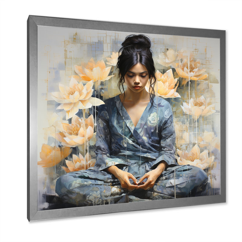 Lotus Calm Reflections Woman In Lotus Pose III - Art mural méditation, H 30 po x l 30 po x P 1,5 po, Cadre simple argenté
