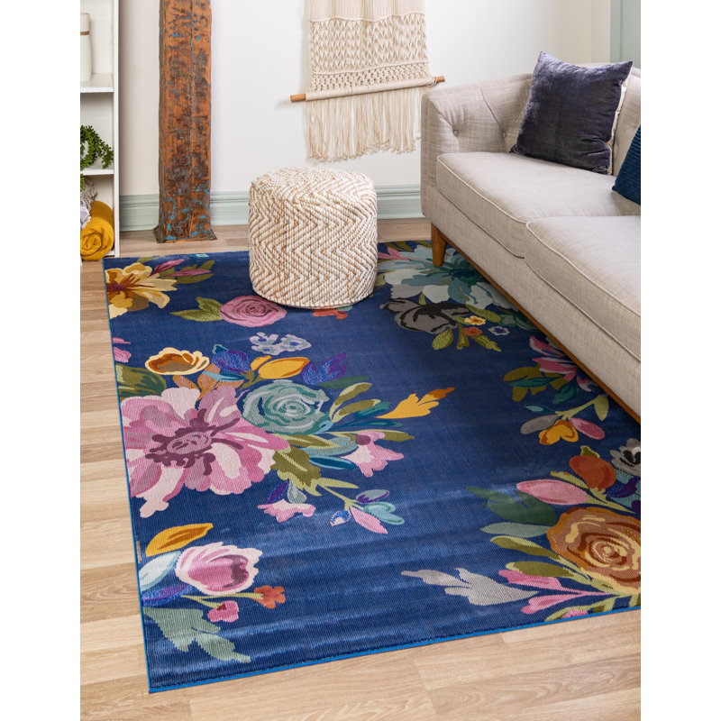Tapis campagnard et floral bleu marine-bleu foncé, Rectangle 7 pi 10 po x 10 pi
