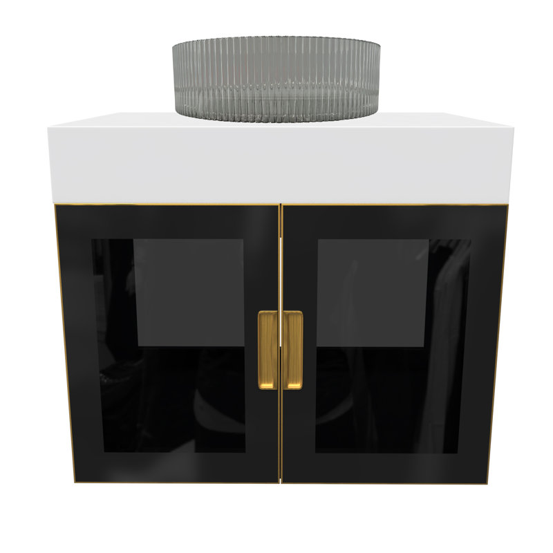Meuble-lavabo mural moderne de luxe avec comptoir à surface solide de 36 po et lavabo vasque rond en verre transparent avec bordure dorée