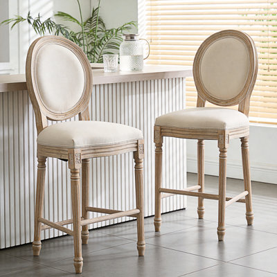 Set of 2 French Country Bar Chairs, Upholstered Chairs with Round Back