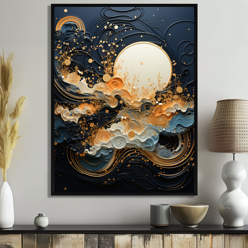 Pleine lune dorée levant les vagues de l'océan I - Paysage abstrait, art mural, salon, Toile avec cadre flottant noir