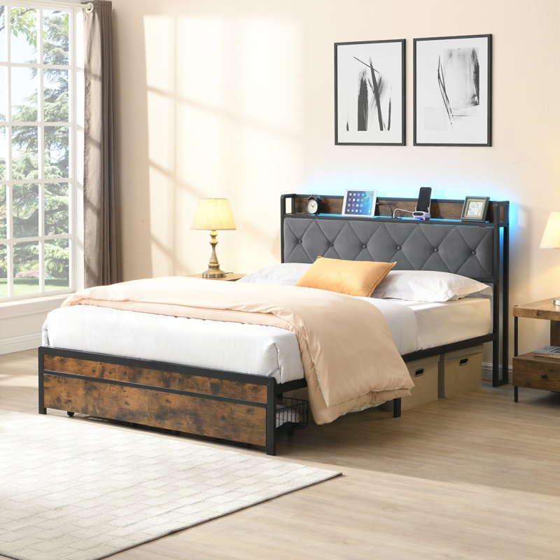 Bed Frame with Storage and LED Lights, Enhancing Bedroom Comfort and Functionality, Queen