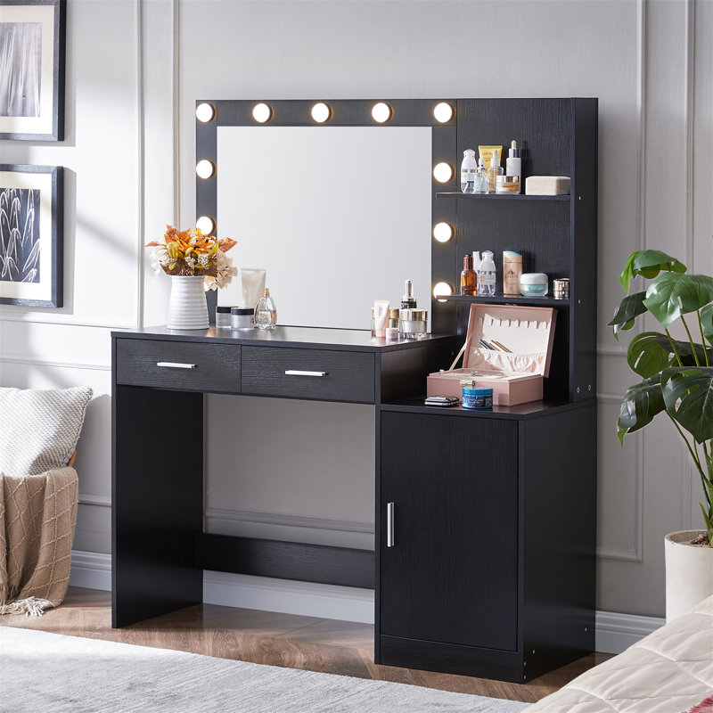 Bureau de coiffeuse avec miroir et lumières, Noir