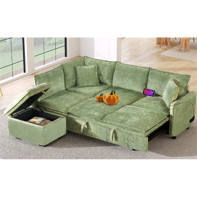 Canapé-lit modulaire convertible en L 82,67 po avec repose-pieds et rangement, Chenille verte