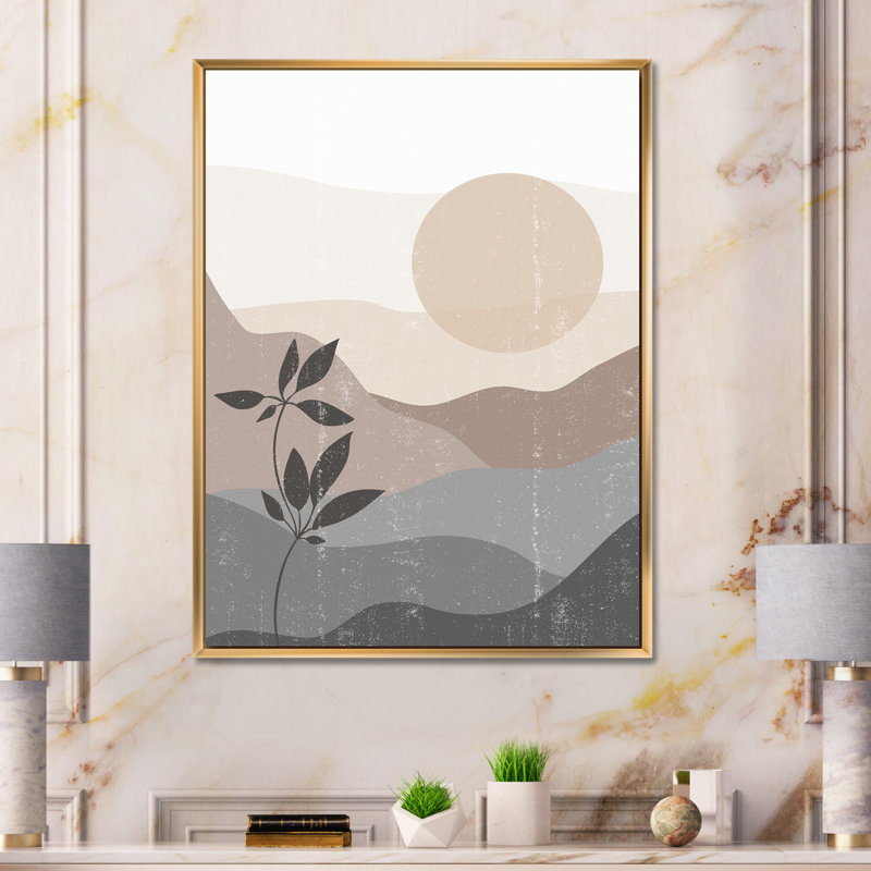 «Minimalist Mountain Landscape at Sunset - Floater Frame», impression sur toile, H 32 po x l 24 po x P 1 po, Encadrement doré