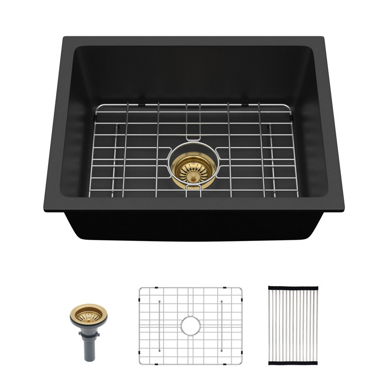 22 in. x 17 in. x 9 in. Undermount Quartz Stone Kitchen Bar Sink Black Single Bowl Composite Granite Kitchen Sink with Gold Accessories
