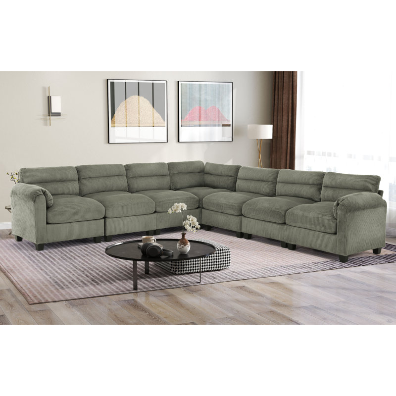 Dona 7-Piece L-Shaped Corduroy Upholstered Modular Sectional, Pillowtop Arm, Green Corduroy