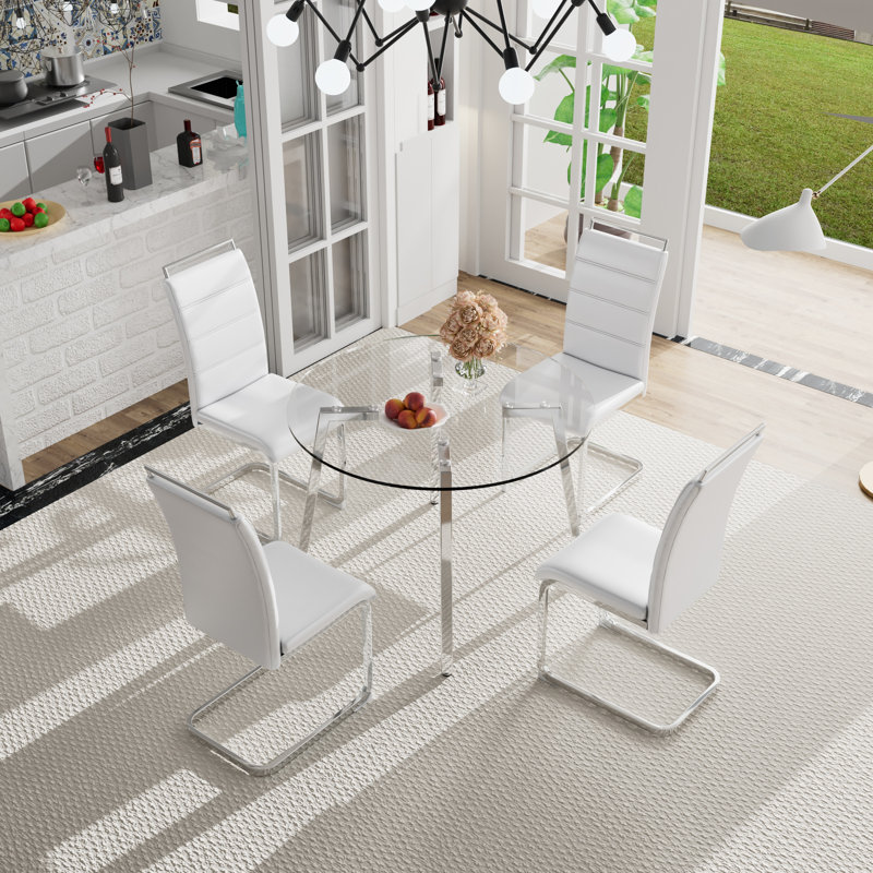 Jerrolyn 4 - Person Four Leg Dining Set, Sliver, White/Sliver