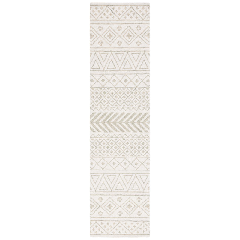 Metro Hand Tufted Wool/Cotton/Latex Geometric Rug in Ivory/Light Green, Runner 2'3" x 9'