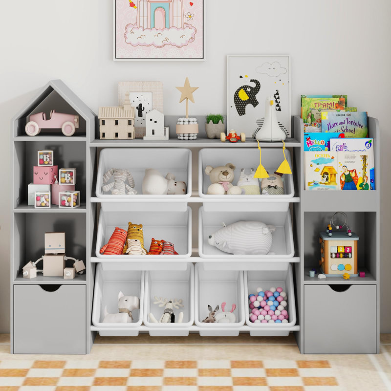 Bibliothèque avec 8 paniers à jouets amovibles, Gris