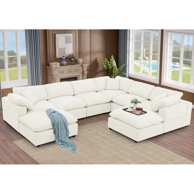 Worthland 143.2" W 8-Piece Reversible Chenille Modular Sectional, Beige Chenille