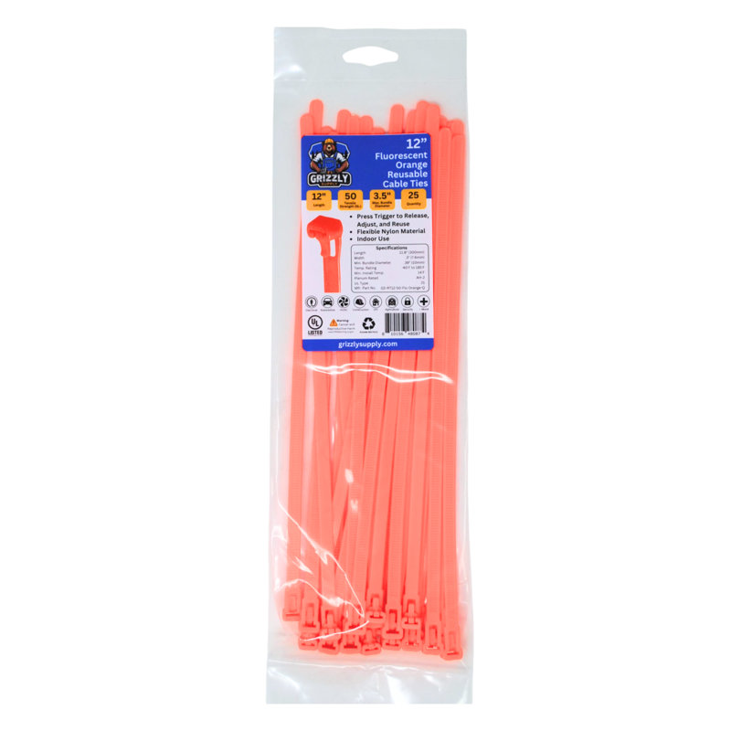 12" 50lb Releasable Cable Tie 25/bag, Fluorescent Yellow