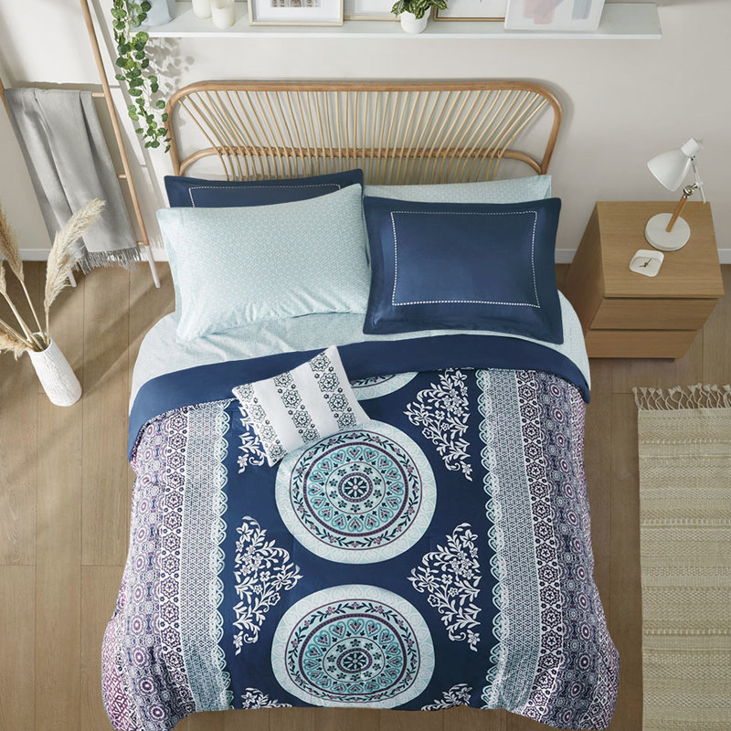 Édredon avec draps pour lit double - Bordure imprimée bleu marine, Édredon double et 2 taies décoratives, Turquoise