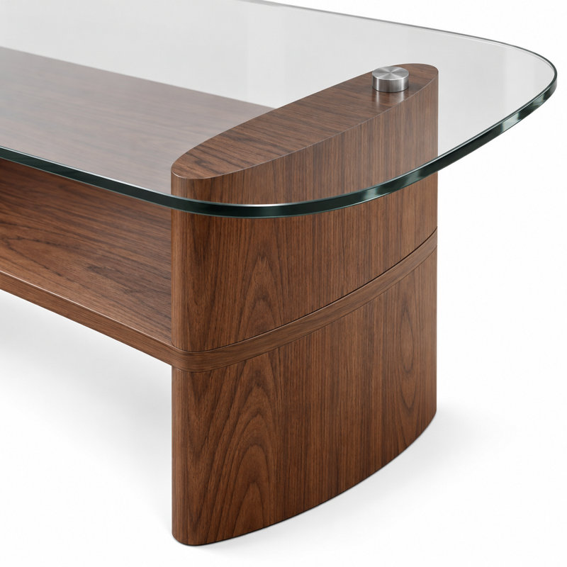 Table basse moderne en verre courbé avec structure en bois de noyer et tablette de rangement inférieure, Noyer