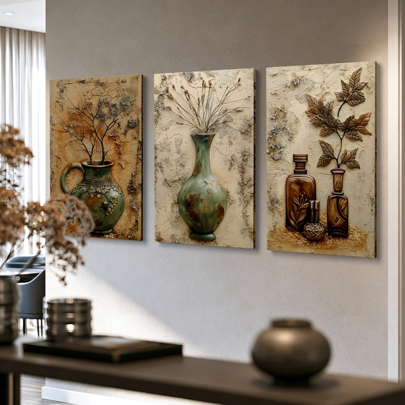 Tableau moderne rustique en trois parties, motif de feuilles d'érable et bouteilles brunes, sur toile, 40 x 90 cm (16 x 36 pouces), idéal pour la chambre ou le salon.