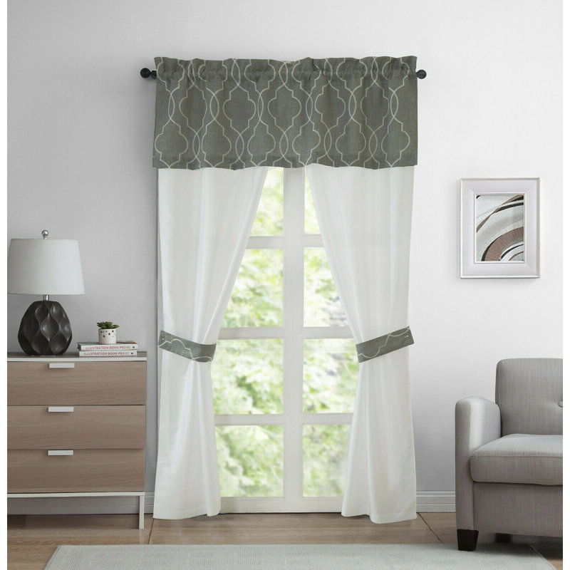 Ensemble de 5 panneaux de rideaux semi-diaphanes avec passe-tringle, Argent/blanc