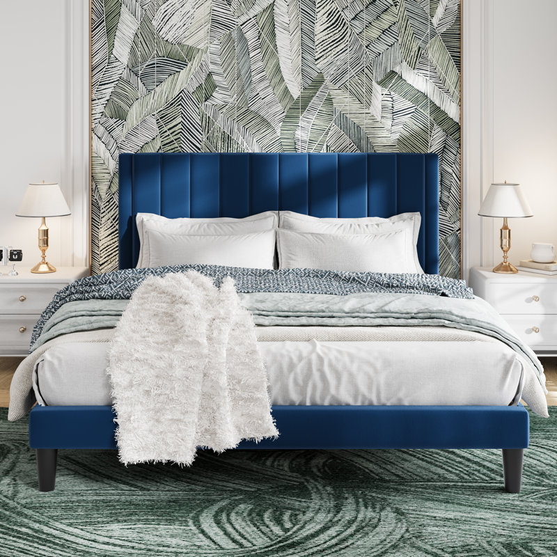 Lit plateforme tapissier en velours avec tête de lit Modern, Très grand, Bleu marine