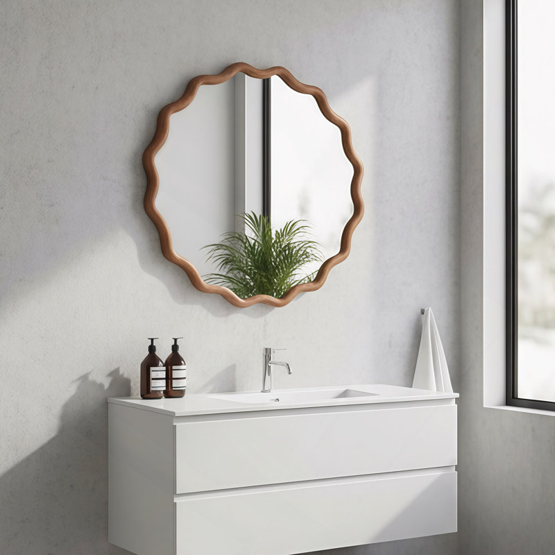 Miroir décoratif rond en bois massif ondulé 24 po, pour chambre à coucher, salle de bain, salon, vestibule, Yellowish-Brown