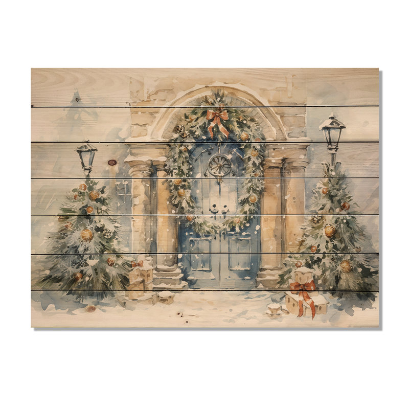 Porte de guirlande de Noël en hiver III - Paysage d'hiver sur bois, H 10 po x l 20 po