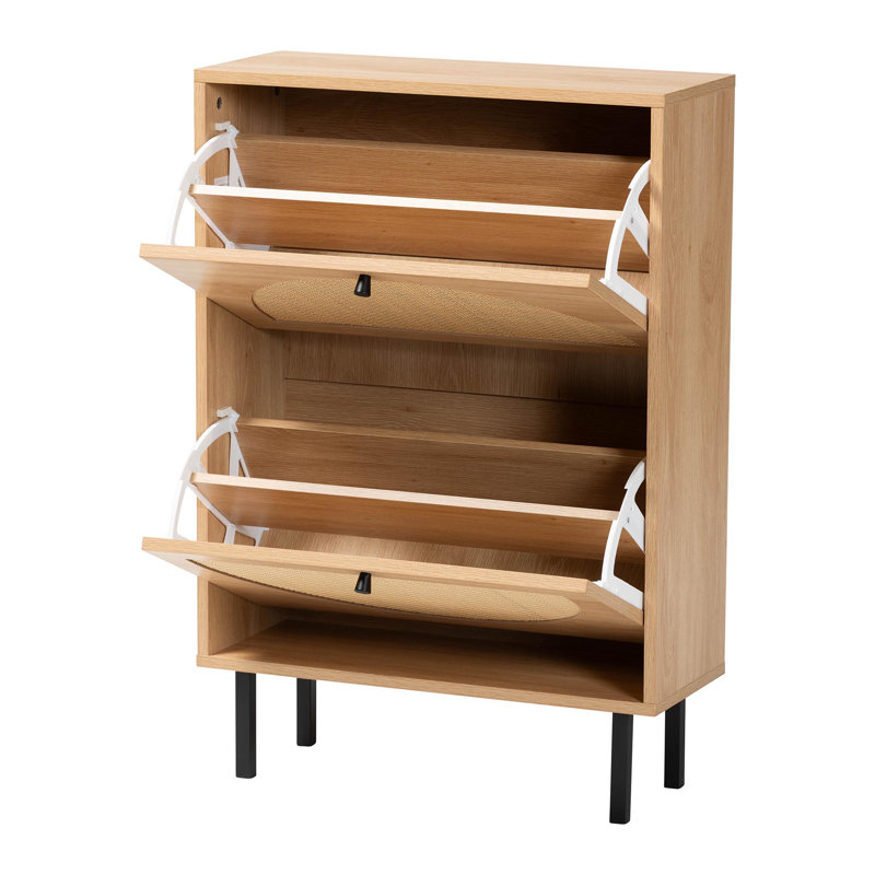 Baxton Studio Remus Wood Shoe Cabinet - 12-Pair Shoe Storage Organizer With 2 Flip Doors, Boho-Chic Compact Hallway Or Entryway Furniture