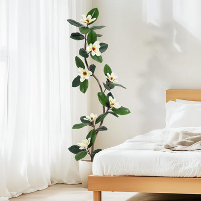 Rubber Tree Artificial Tree In White Planter Pot,Faux Plants Indoor Faux Floor Plant Artificial Plants With 8 Pcs Magnolia Flowers