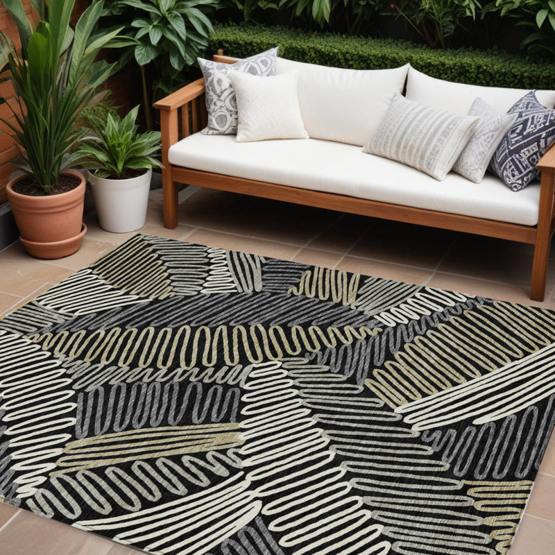 Tapis extérieur lavable floral gris et ivoire 10 pi x 14 pi noir