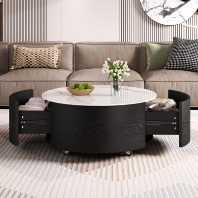 Modern Round Coffee Table With Marble Sintered Stone Top, 2 Drawers & Locking Casters, Black, 29.5"
