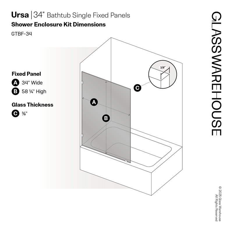 Ursa 34 in. x 58.25 in. Frameless Gray Tinted Single Fixed Bath Panel, Polished Brass