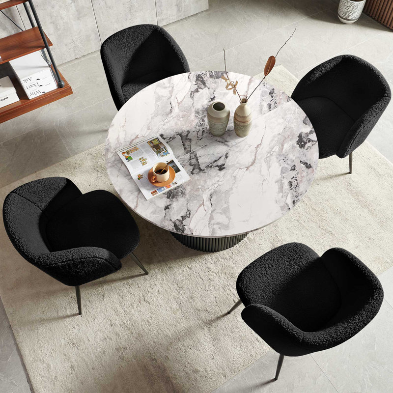 Round Table With Set Of Four Barrel Chairs, White