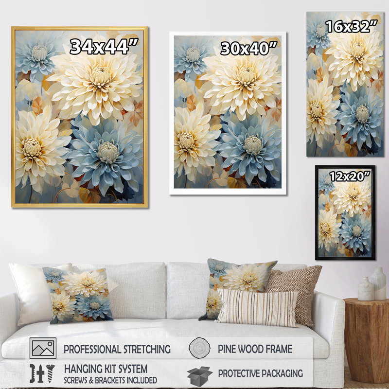 «White and Blue Mums Fragrant Elegance», reproduction sur toile, Cadre flottant blanc, H 44 po x l 34 po