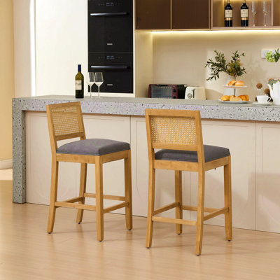 Full Solid Wood Rattan-Back Bar Stool, Matte Linen Cushion With High-Resilience Foam & S-Springs