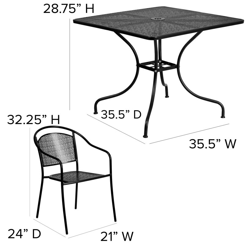 Chanea 35.5" Square Commercial Grade Steel Patio Table with 4 Round Back Chairs by Flash Furniture, Black